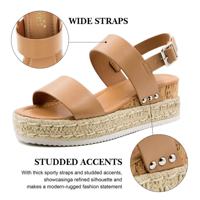 Athlefit Women's Espadrilles Platform Wedge Sandals Casual Open Toe Ankle Strap Buckle Summer Sandals, Khaki, Size 9.5, AD00502 - Image 5